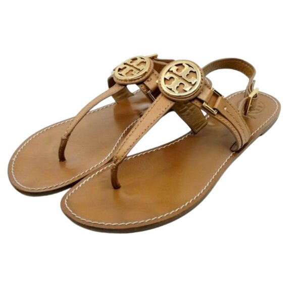TORY BURCH~Everly~TAN LEATHER GOLD REVA LOGO FLAT THONG SANDALS SHOES~SIZE 10 - Picture 2 of 7